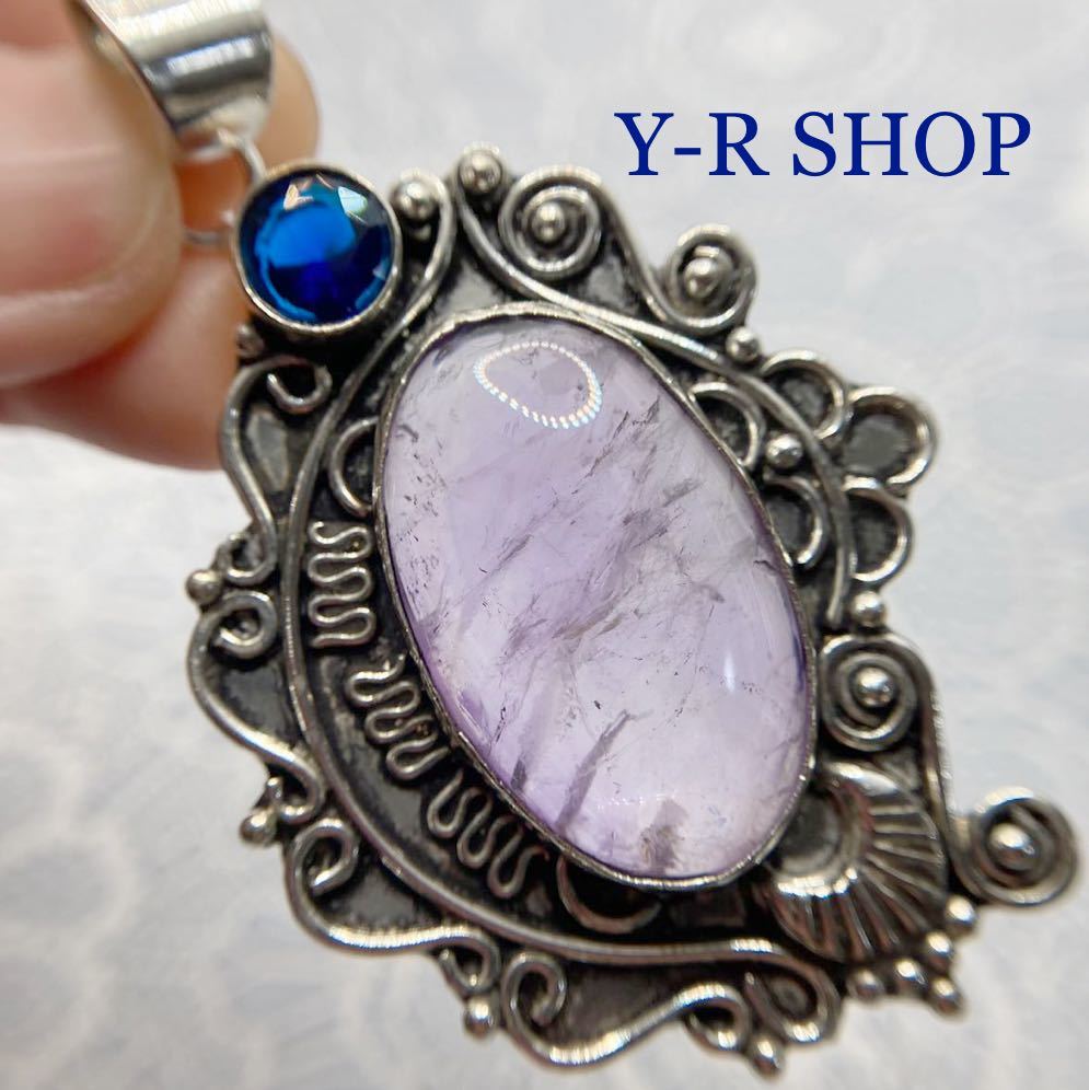  natural stone * amethyst . sapphire. antique style pendant top * lady's necklace silver 925 stamp ethnic accessory Y-RSHOP