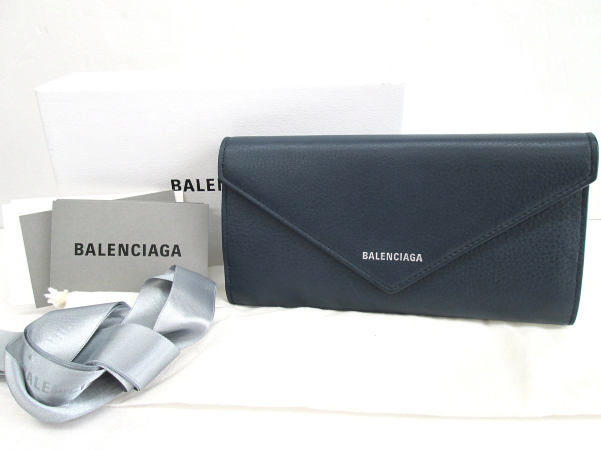 格安新品 バレンシアガ 二つ折り 長財布 BALENCIAGA ネイビー レザー