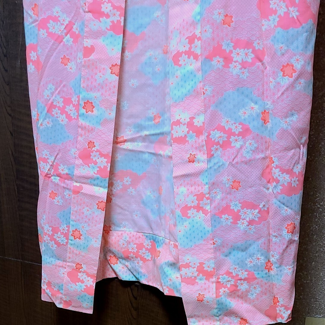 中古　長襦袢　単　ピンク花柄　裄丈62cm　アンティーク着物用に！