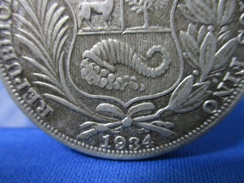 ペルー1ソル銀貨☆1934年／女神座像／大型銀貨／極美品／アンティークコイン／p222-1_画像8