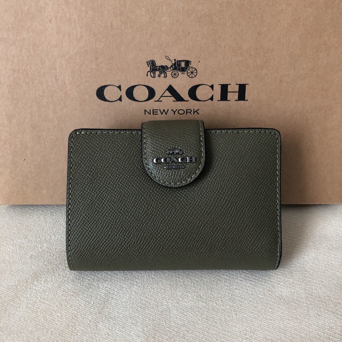 新品 COACH コーチ 定価44,000円 二つ折り財布 グリーンマルチ ケルプ