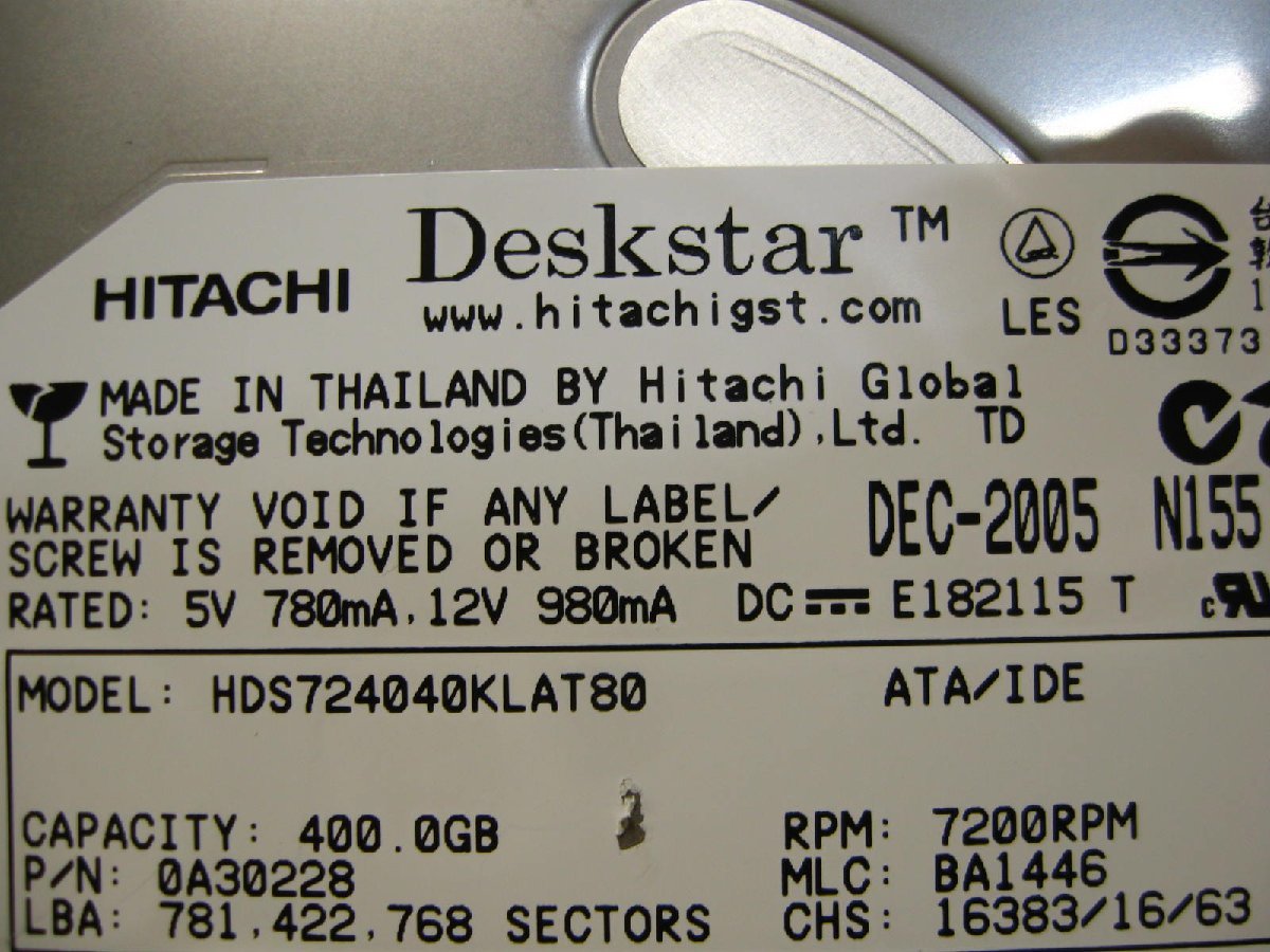 ▽HITACHI Deskstar HDS724040KLAT80 400GB IDE 3.5型 7200rpm 8MB 中古 日立_画像4