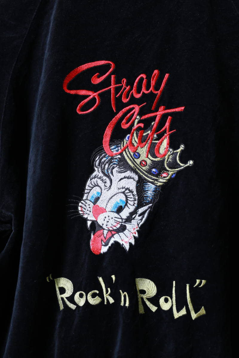 ★希少 オールド KEi Sing STRAY CATSストレイキャッツ刺繍別珍スカジャン　　古着ユーズド男性メンズL黒ブラックロカビリースタスーベニア_画像2