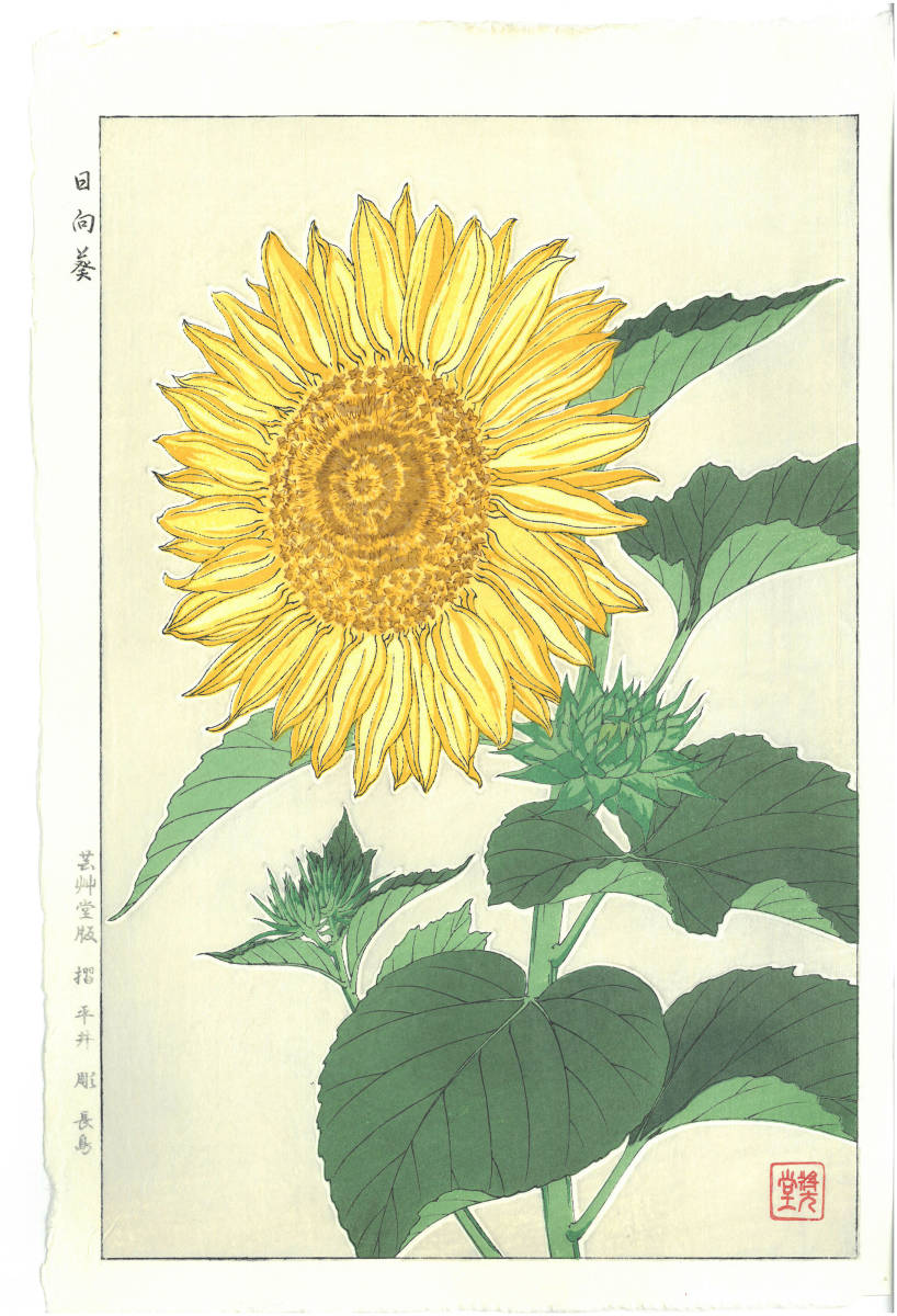 河原崎奨堂 (Kawarazaki Shodo) (1899~1973)　木版画　F087 向日葵　 (Sunflower)　初版昭和初期～　京都の一流の摺師の技をご堪能下さい Yahoo!フリマ（旧）
