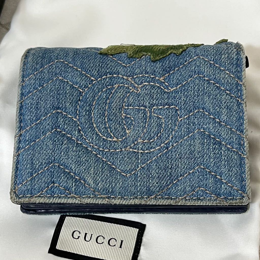 GUCCI グッチ GGマーモント ミニ財布 デニム 花柄 フラワー 刺繍 折財布