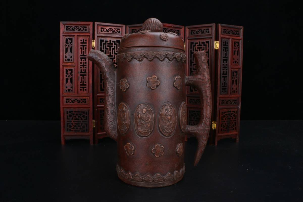 驚きの値段で】 【典藏*紫砂精彫*八仙壺】茶壺 容量:850cc 中国古美術
