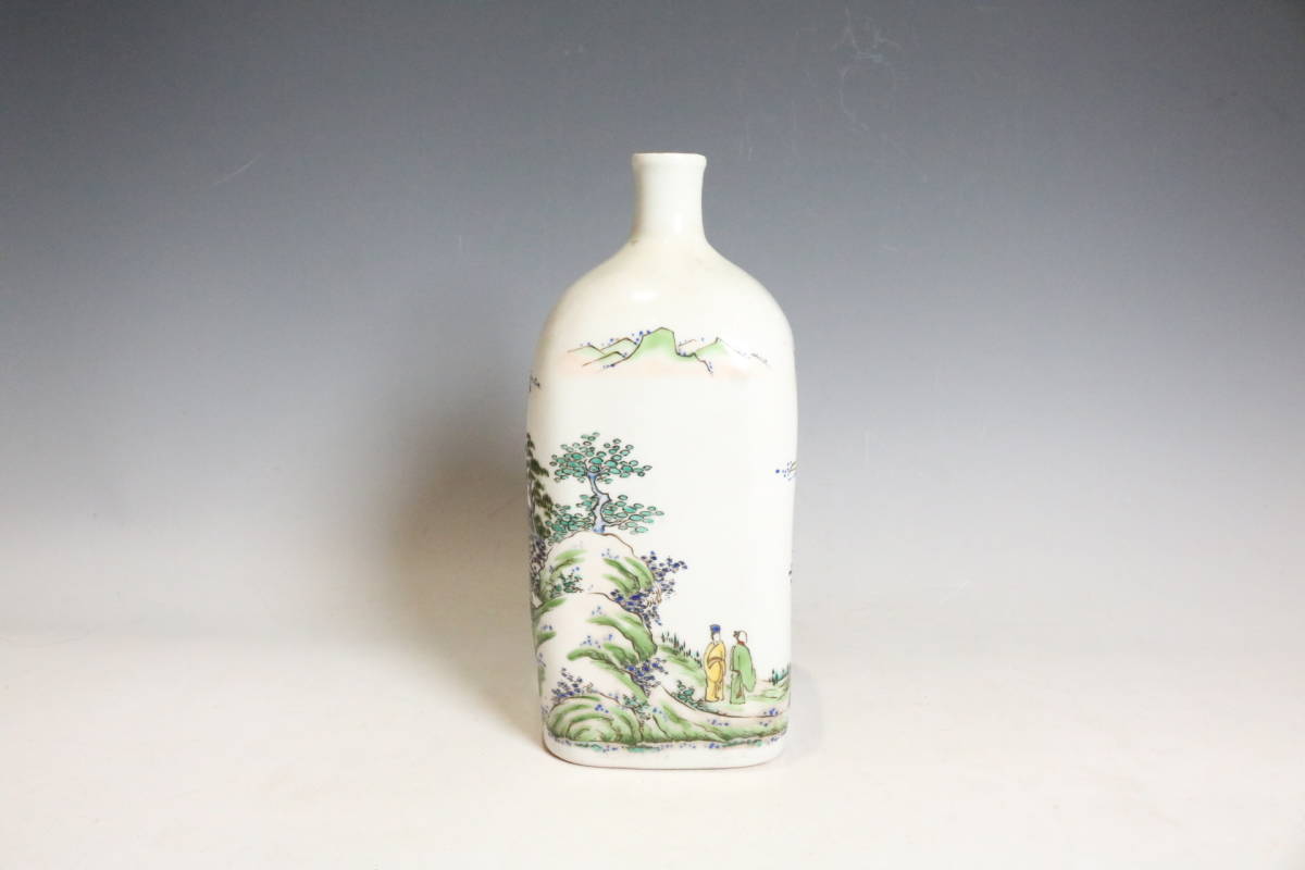 時代物 色絵山水紋 鞆徳利 保命酒徳利 献上徳利 木箱附 岩谷焼( 時代物 色絵山水紋 鞆徳利 保命酒徳利 献上徳利 木箱附 岩谷焼(