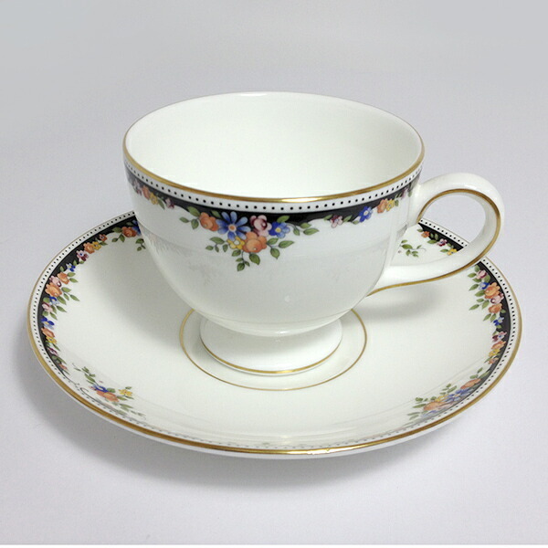 【中古】WEDGWOOD ウェッジウッド オズボーン カップ＆ソーサー コップ ホワイト ブラック ゴールド 花柄_画像1