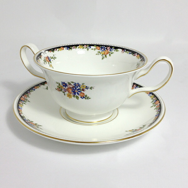 【中古】WEDGWOOD ウェッジウッド オズボーン スープカップ＆ソーサー コップ ホワイト 花柄_画像1