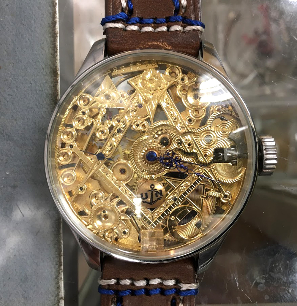 1900～1910年 ユリスナルダン懐中時計ムーブメント使用カスタム腕時計 フリーメイソン フルエングレービング文字盤