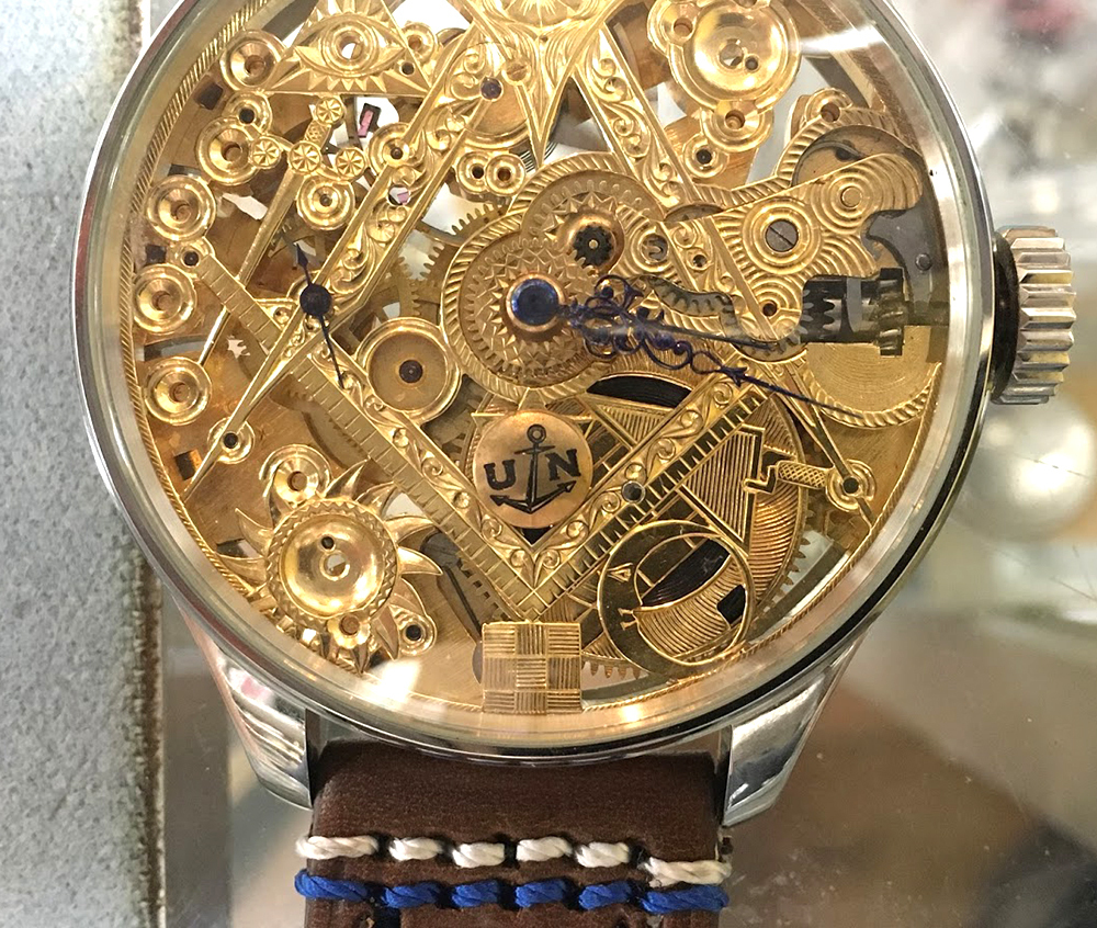 1900～1910年 ユリスナルダン懐中時計ムーブメント使用カスタム腕時計 フリーメイソン フルエングレービング文字盤_画像4