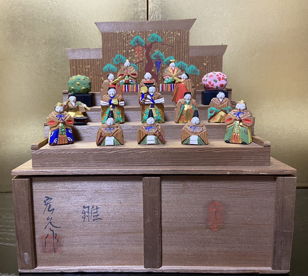 奈良人形 木彫 一刀彫 極小 雛飾り 四段 十五人飾り 宏久 作 アンティーク 美品