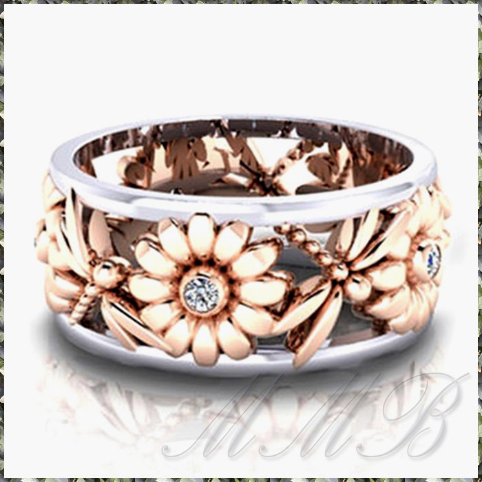 [RING] Rose & White Gold Plated Flower Dragonfly Design Hollow Ring flower & dragonfly . carving design 9mm ring 13 number 