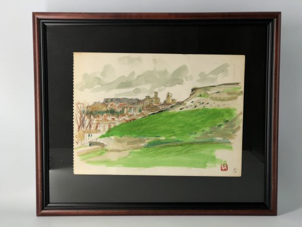 水彩画【風景】 肉筆 落款印譜在 木枠額装ガラス無 模写-