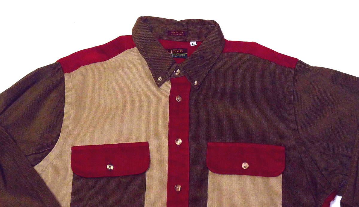 希少 90's クリーブシャツメーカー CLEVE コーデュロイ BDシャツ クレイジーパターン デッドストック 送料込
