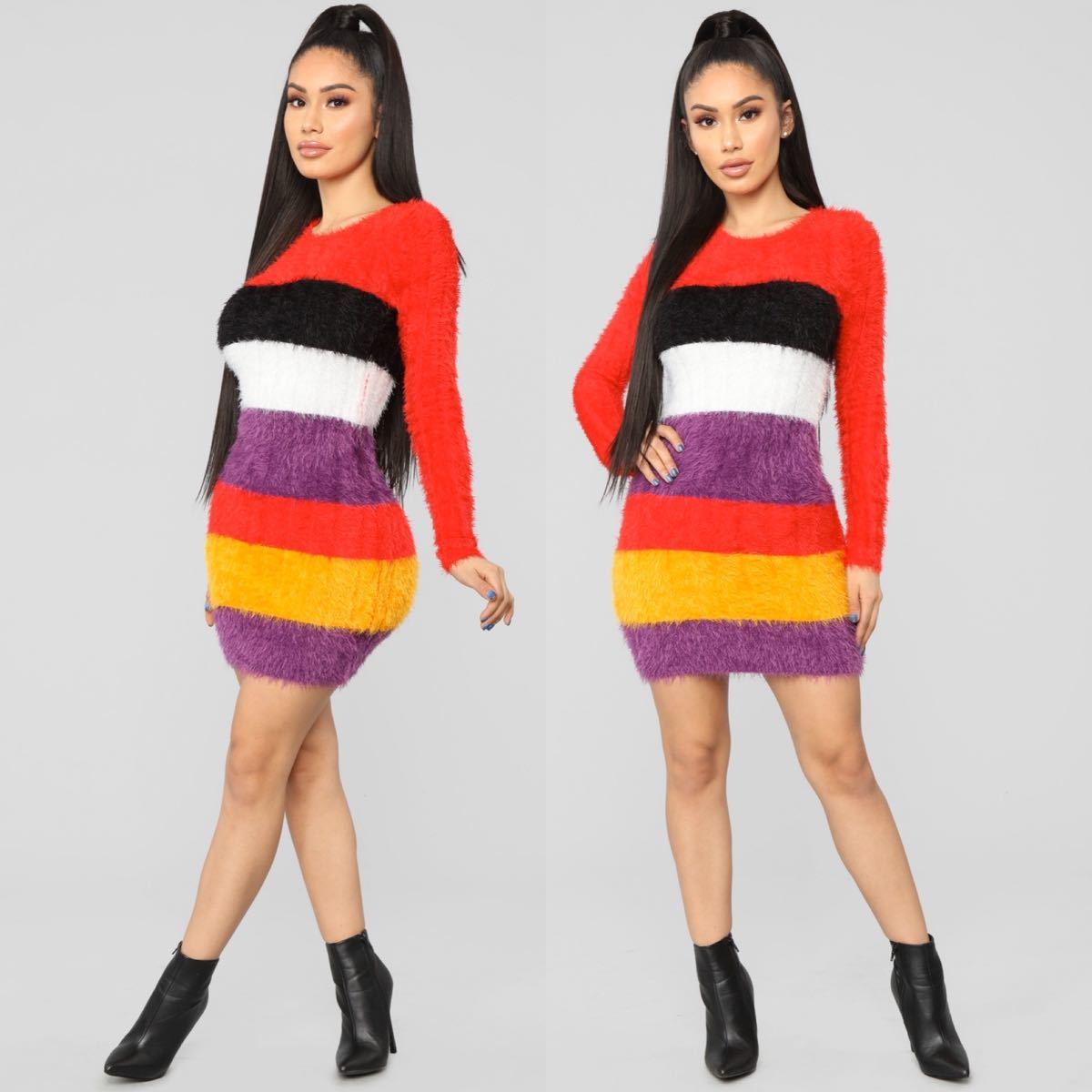 ◆FASHION NOVA◆マルチボーダー ファジーニット ワンピース★ FASHION NOVA マルチボーダー ファジー ニット ワンピース XS