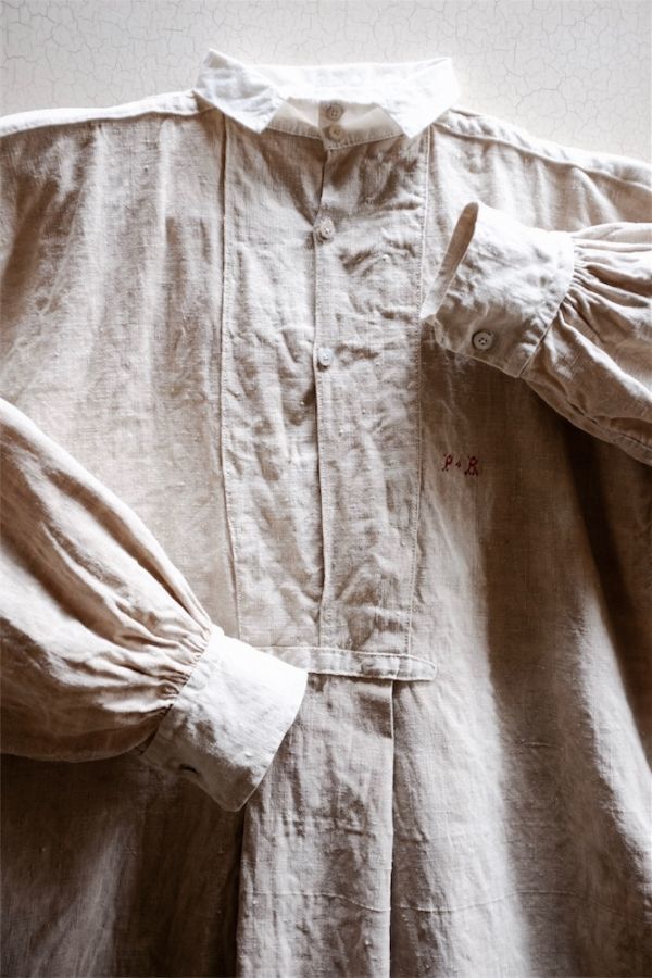 送料無料 フランスアンティーク 19世紀 ハンドメイド 未使用 手織シャンブルリネン モノグラムとプラストロンシャツ1 ワンピース ヴィンテージ 人気ブランド