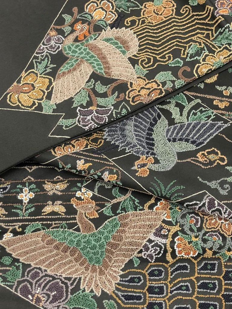ヤフオク! - 総相良刺繍 鳥 袋帯 唐花文様 正絹 お太鼓柄 藍海松茶色