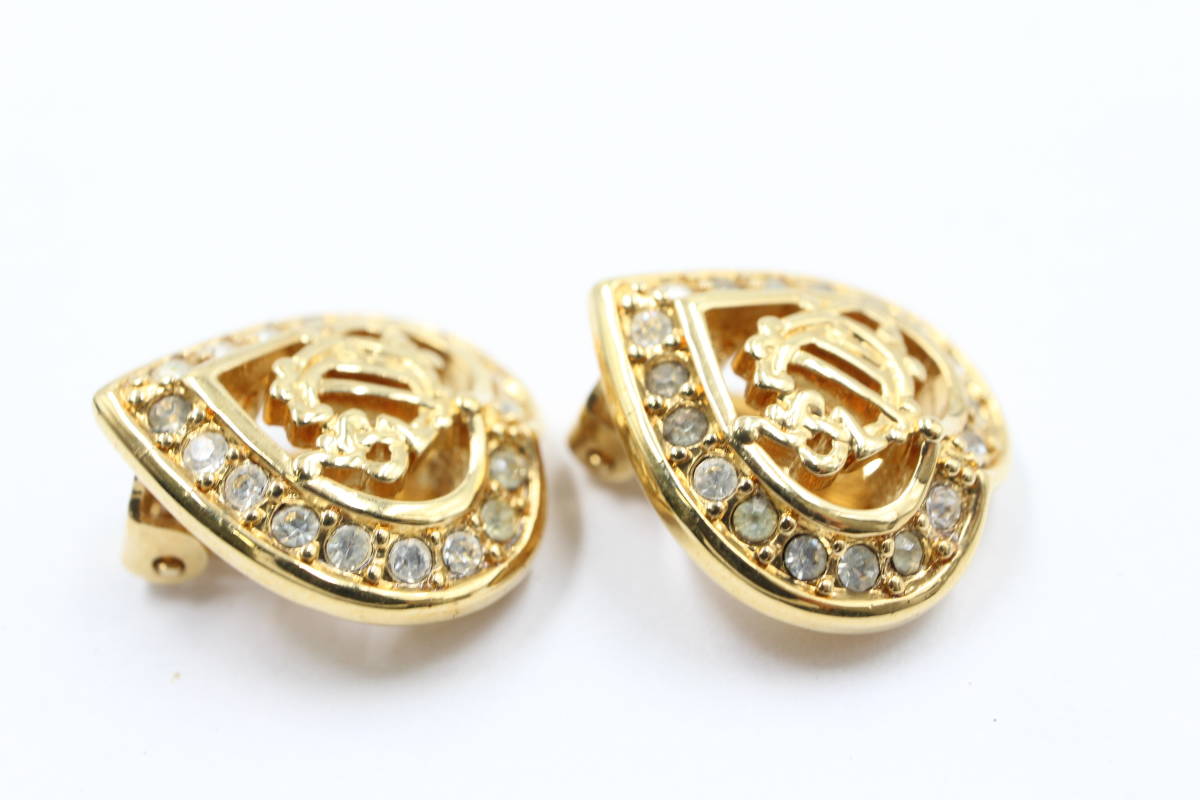美品 【Christian Dior クリスチャンディオール】 イヤリング ゴールド エンブレム ハート ストーン レディース 両耳 アクセサリー