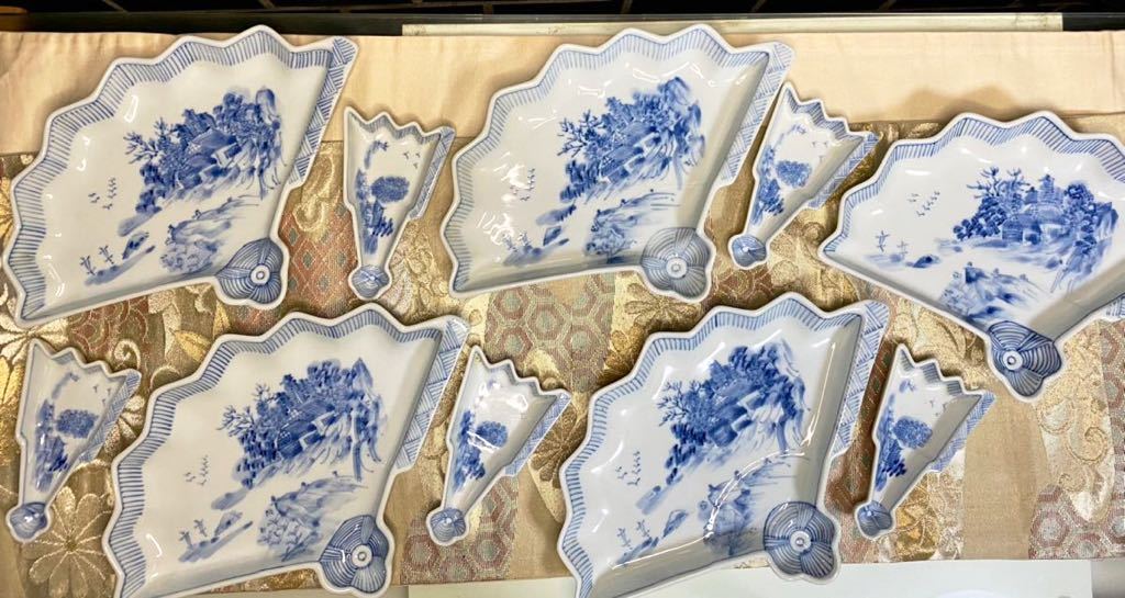 九谷阿古 染付 山水 扇型皿 半開 刺身皿 醤油皿 大皿 中皿 豆皿 全10点