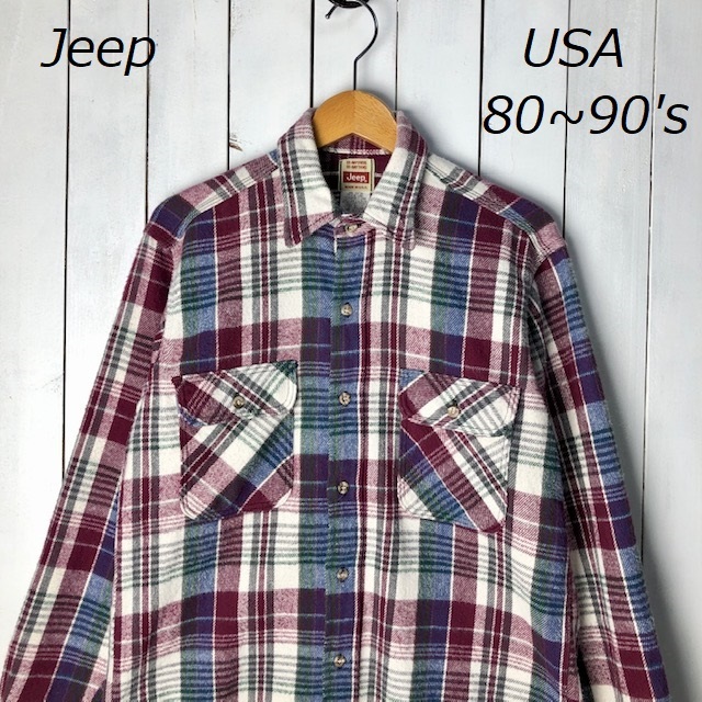 sh●290 USA古着 80s～90s USA製 Jeep チェック 厚手 ヘビーネルシャツ オールド ヴィンテージ アメリカ古着 M～L ジープ 起毛ネルシャツ