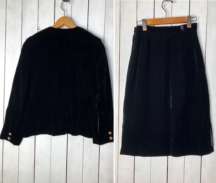  retro LEONARDre owner -ru bell bed 2 piece setup suit jacket skirt Old Vintage autumn winter spring velour black *22