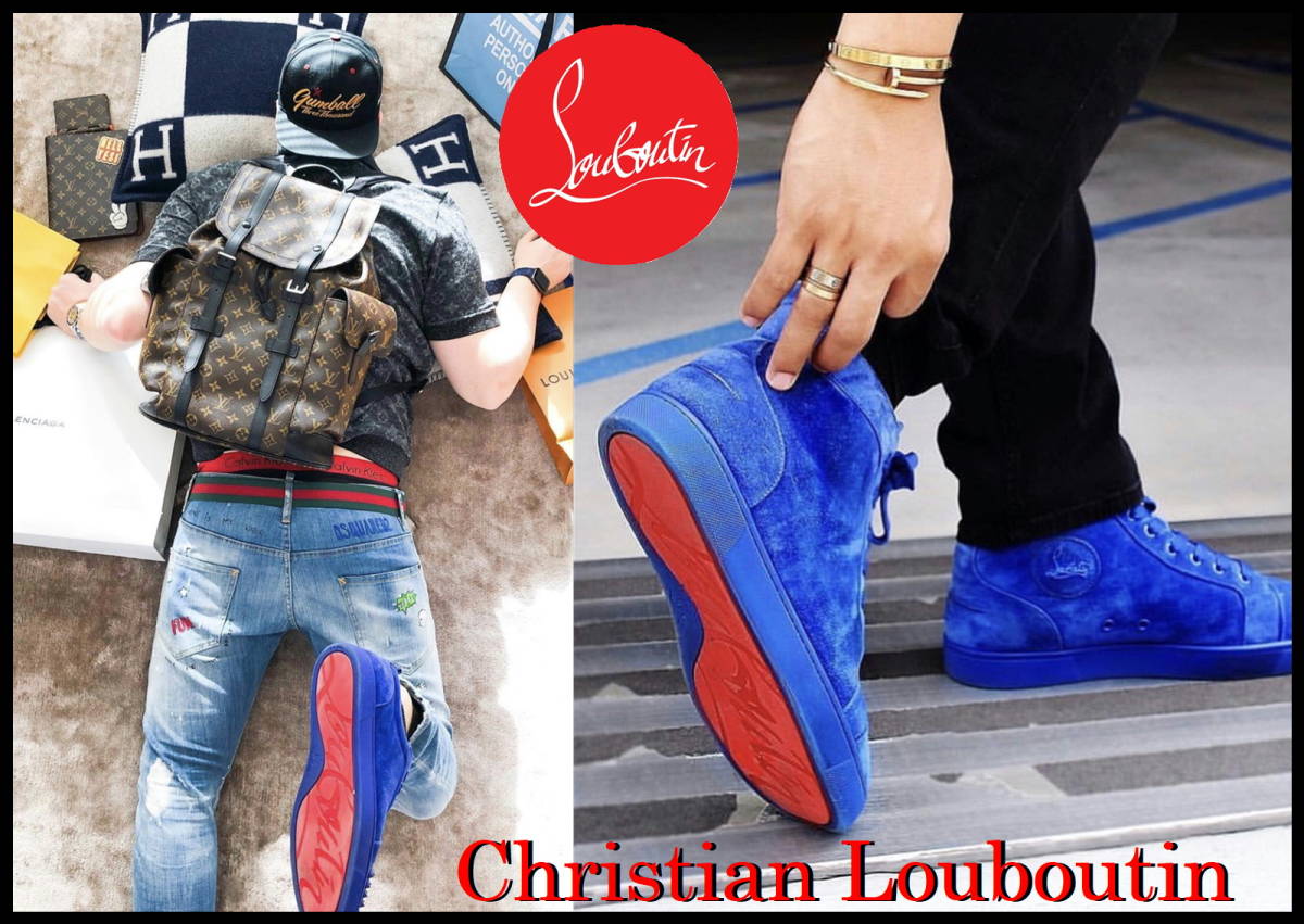 完売 Christian Louboutin ルイス スエード ブルー クリスチャンルブタン メンズ 41 ハイカットスニーカー ベロア 青 バッグ 財布 レザー_画像10