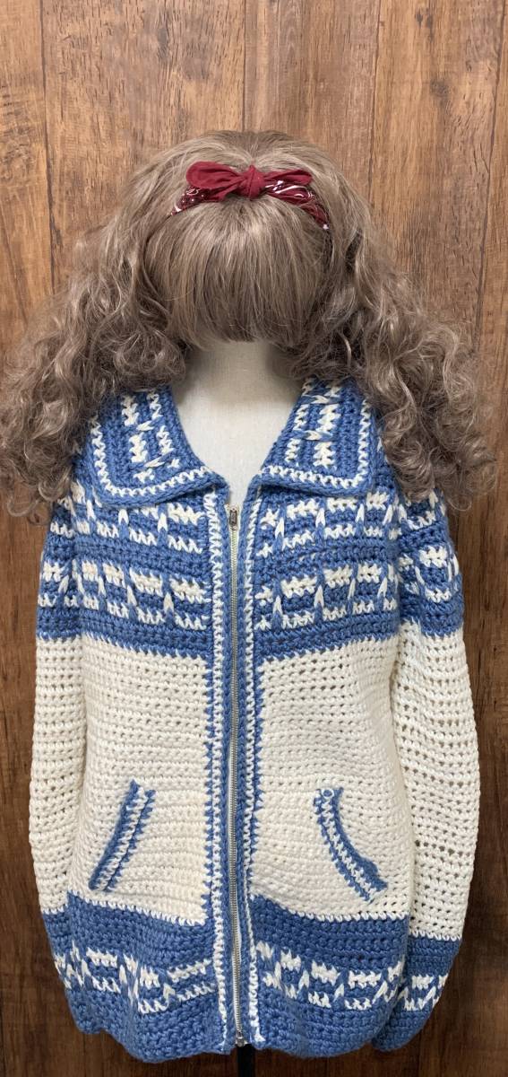 N279/ knitted sweater cardigan braided light blue blue white . becomes Vintage american retro American Casual vintage used old clothes /club723