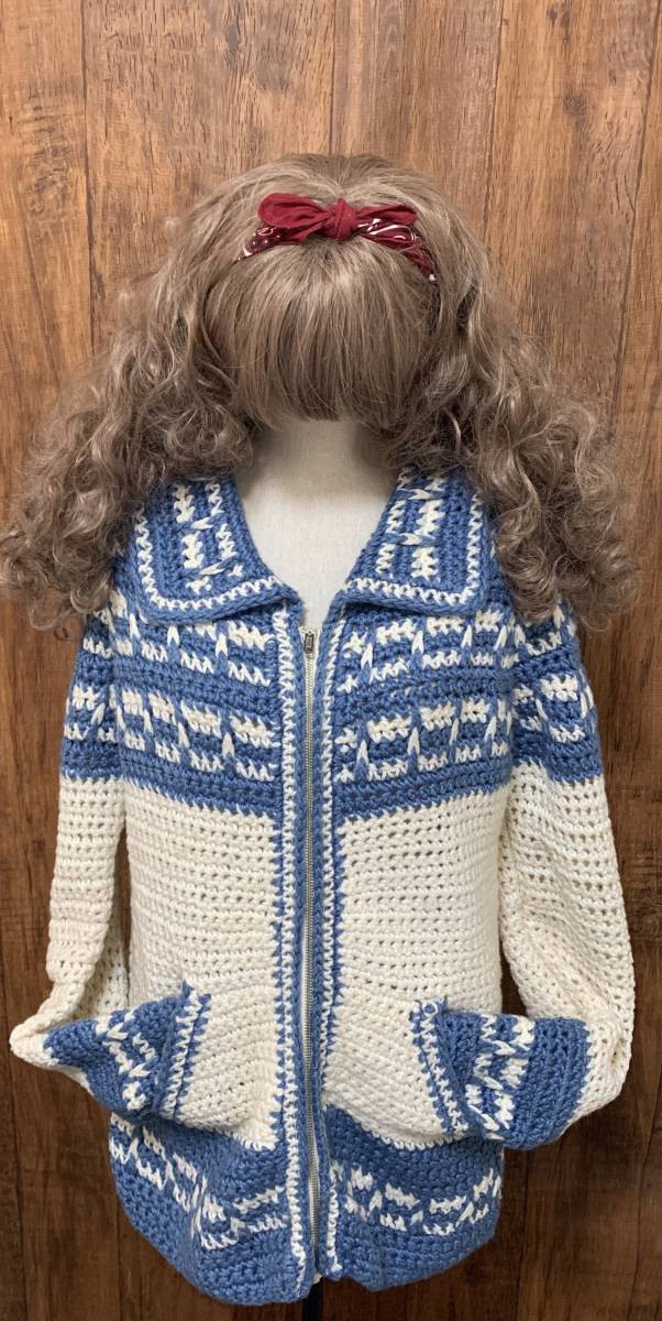 N279/ knitted sweater cardigan braided light blue blue white . becomes Vintage american retro American Casual vintage used old clothes /club723
