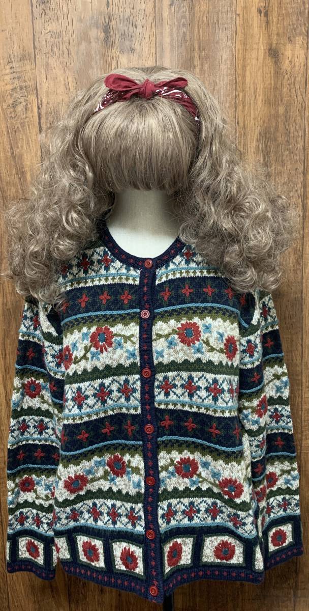 N262/ flower embroidery hand embroidery knitted sweater cardigan flower american Country retro piece ..vintage used old clothes /club723 Club 723