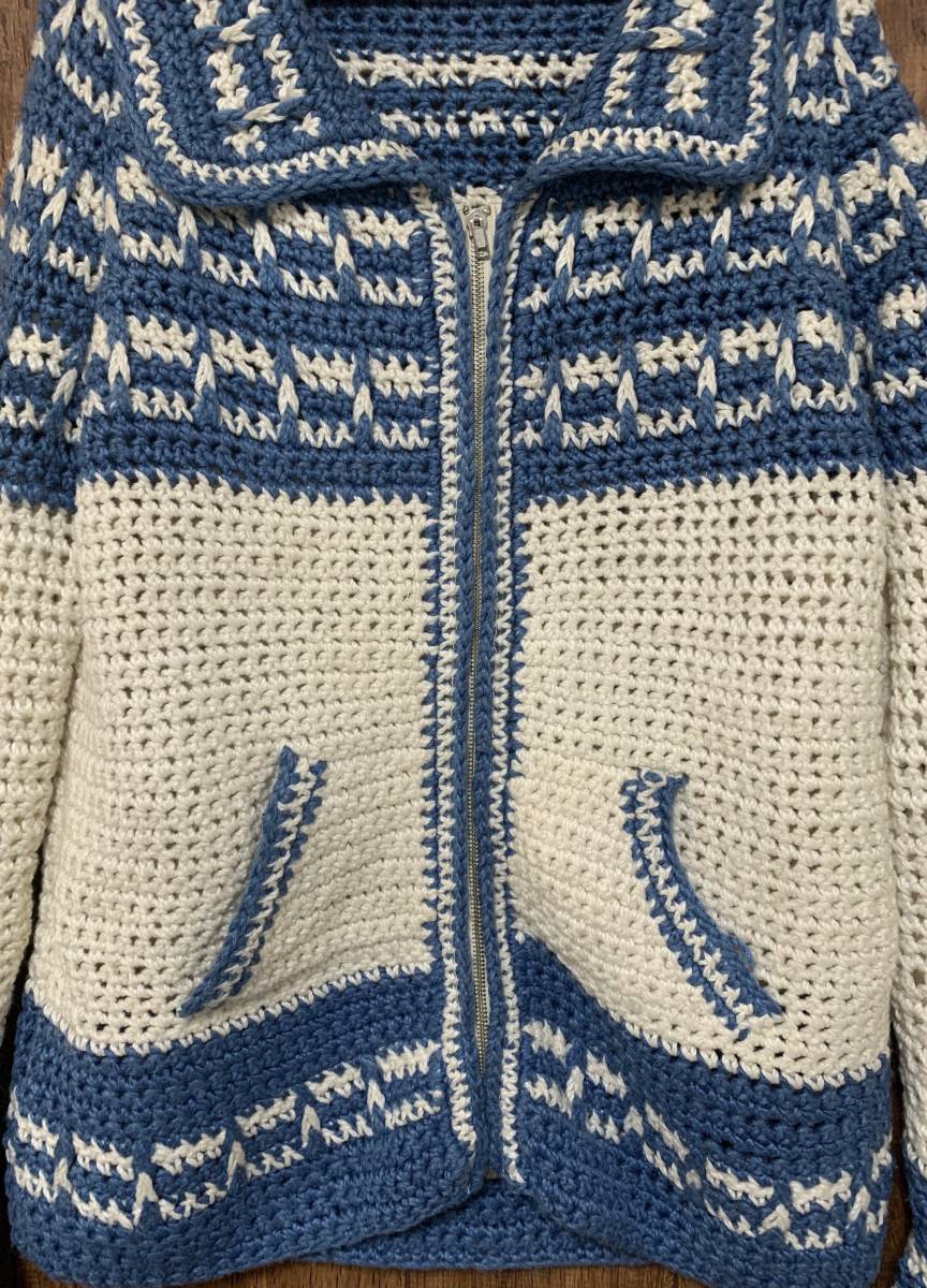 N279/ knitted sweater cardigan braided light blue blue white . becomes Vintage american retro American Casual vintage used old clothes /club723