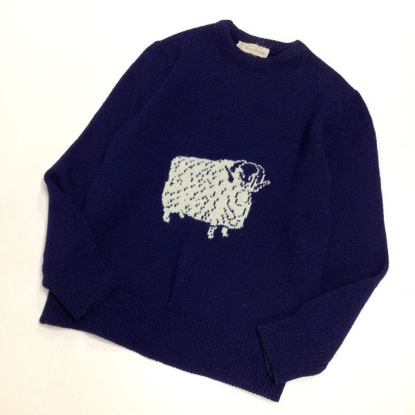 【高級スコットランド製】vintage Moffat woollens 羊デザイン ラムデザイン ウールニット レディース Sサイズ ネイビー 紺