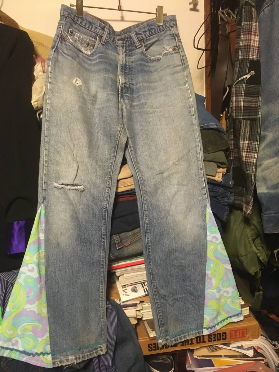 2202ビンテージ80’sリーバイスLEVI'S517黒カン デニム激ヒゲHIPPIEヒッピーリメイク・ダメージ フレアジーンズOLDオールド66ブーツカット