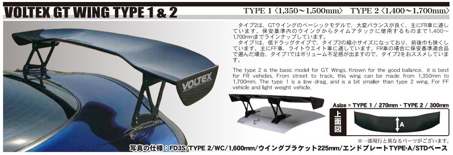 VOLTEX / ボルテックス GTウイング Type2 ウエット カーボン 1400mm × 300mm × 245mm エンドプレート:タイプA リアスポイラー ウイング_画像2