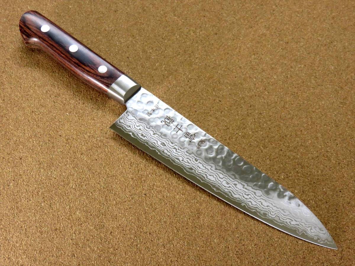 関の刃物 牛刀 18cm (180mm) 富士觀 鎚目鍛造 VG-10 ダマスカス 口金付マホガニーハンドル 肉 魚 野菜 パン切り 両刃万能包丁 国産日本製_画像2