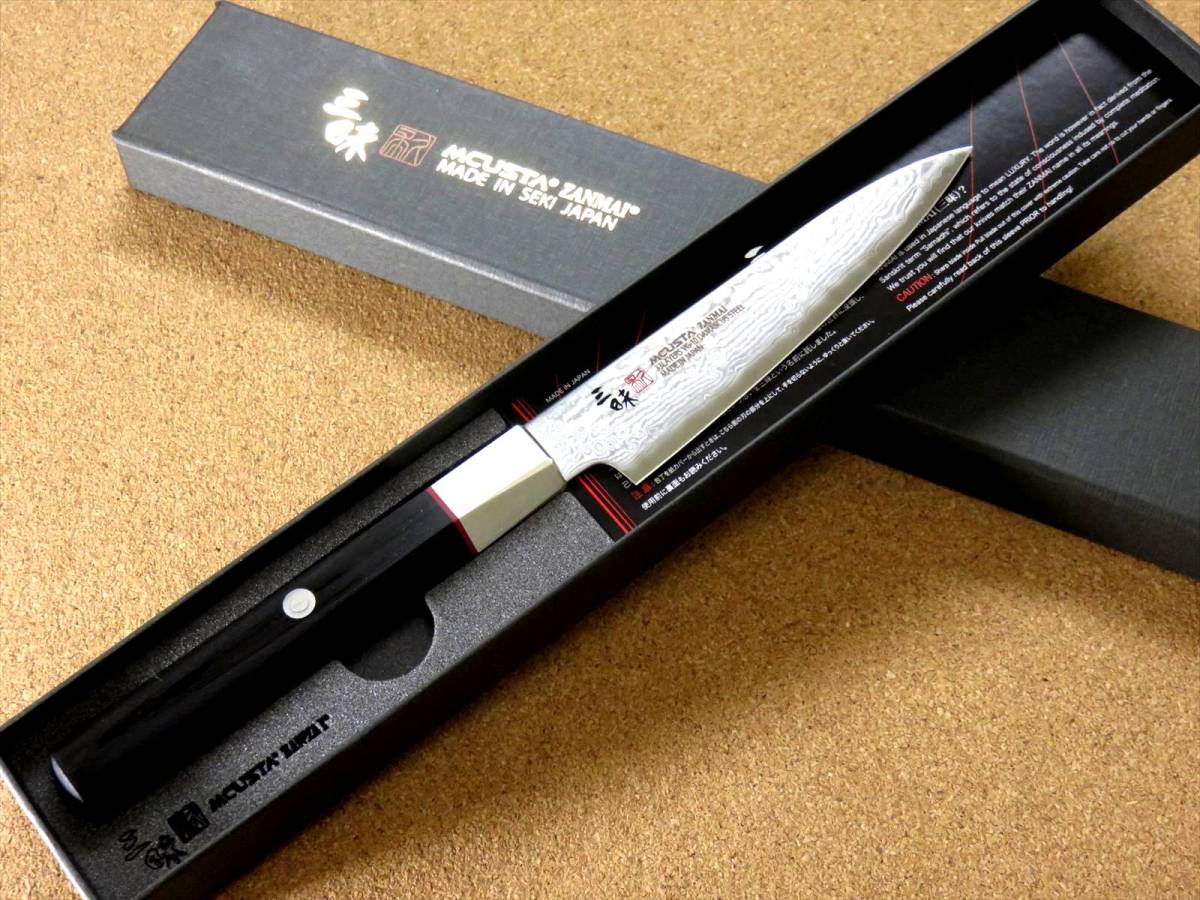 関の刃物 ペティナイフ 11cm (110mm) 三昧 ハイブリッド スプラッシュ ダマスカス33層 VG-10 ステンレス 黒合板 両刃果物包丁 国産日本製_画像9