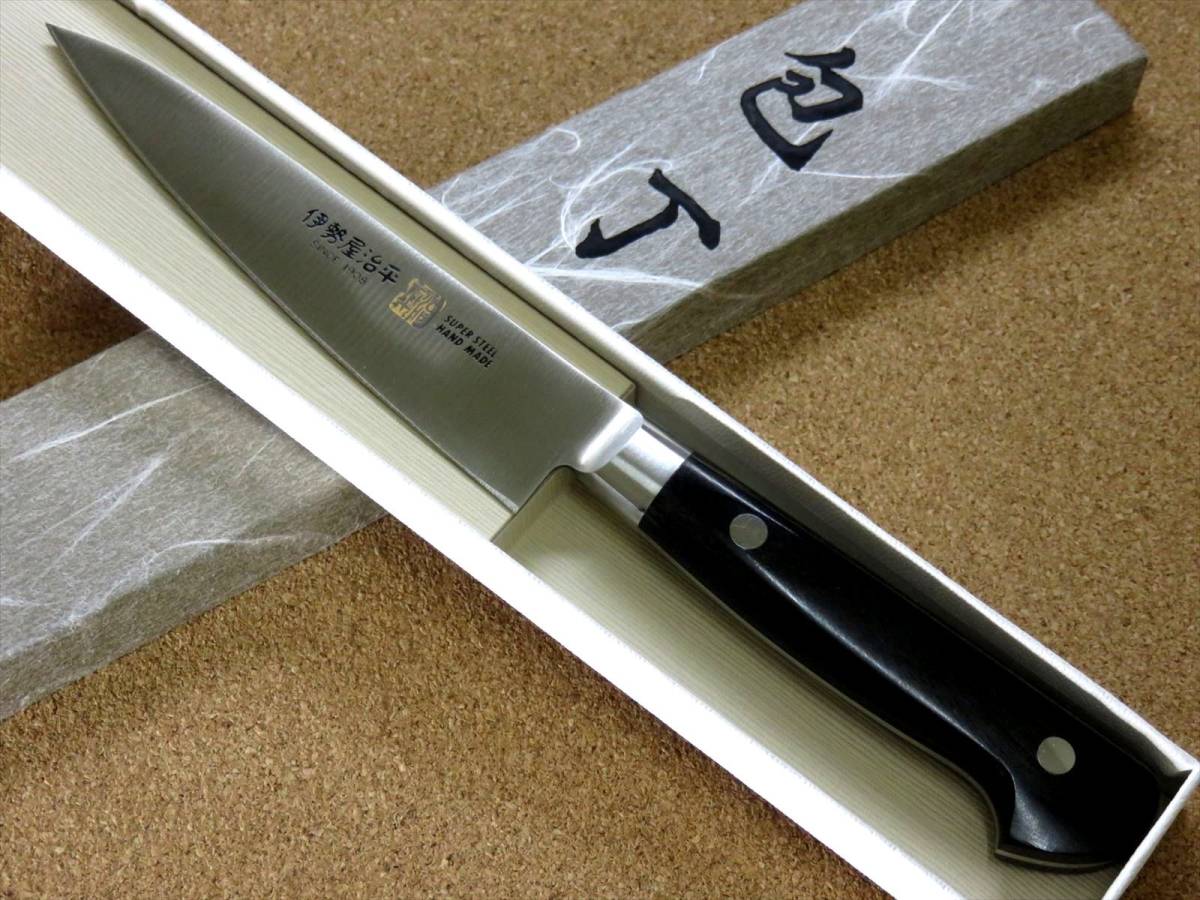 関の刃物 ペティナイフ 12cm (120mm) 伊勢屋治平 8A モリブデン 黒パッカー 口金付き 果物包丁 野菜 果物の皮むき 小型両刃ナイフ 日本製