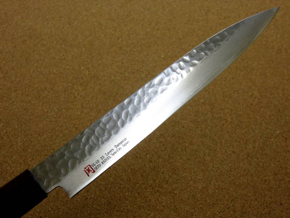 関の刃物 刺身包丁 21cm (210mm) 伊勢屋 V金10号 鍛錬 33層 ダマスカス 鎚目 刺身を一方向に引き切る 片刃形状両刃付け 右利き 日本製_画像4