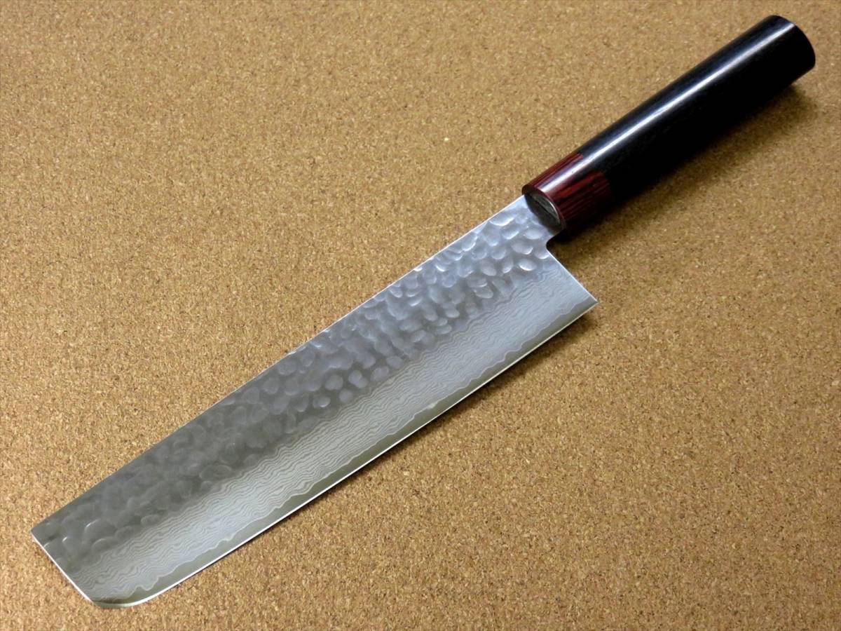 関の刃物 菜切り包丁 18cm (180mm) 伊勢屋 V金10号 鍛錬 33層 ダマスカス 鎚目 黒パッカー 家庭用 野菜切 両刃包丁 大根かつらむき 日本製_画像3