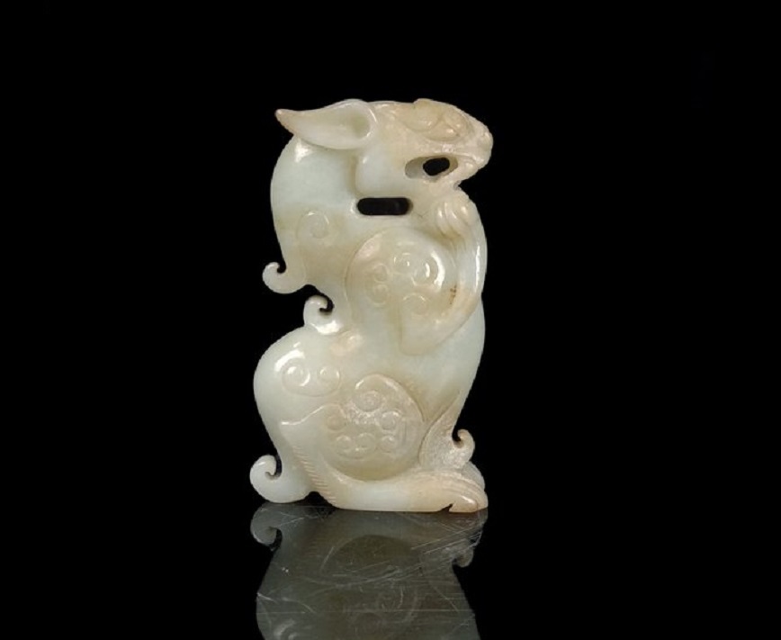 日本製 中国文物 古玉 明代白玉獸 砡 収集家の放出品 明