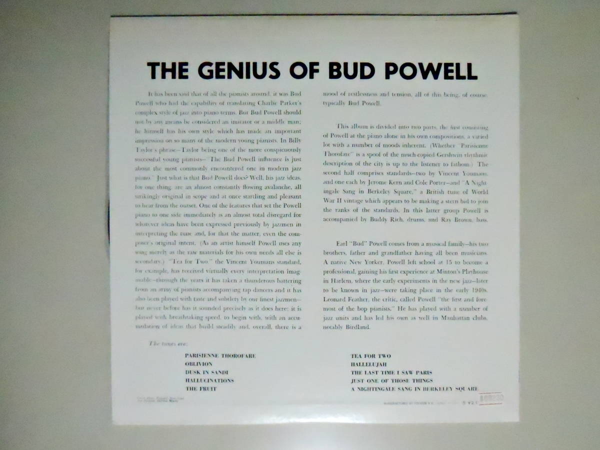 【日本盤・良品】　THE GENIUS OF BUD POWELL　（バド・パウエル　／　ザ・ジニアス・オブ・バド・パウエル）　Verve Records MV 2035_画像2