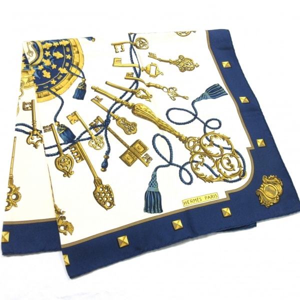 エルメス HERMES カレ90 アイボリー×ネイビー×マルチ LES CLES/鍵