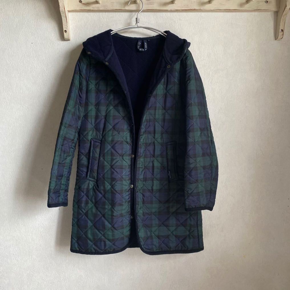 THE SMOCK SHOP スモックショップ /フード付き キルティングコート ブラックウォッチ 裏 フリース_画像2