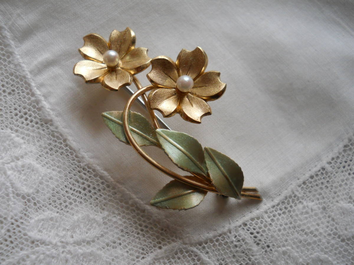  America made Vintage Krementzkre men tsu..... that flower brooch enamel skill pearl 