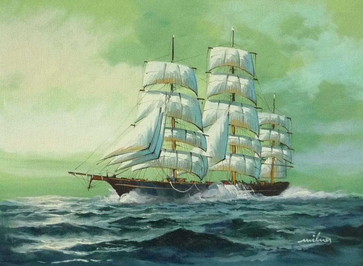 油彩画 洋画 肉筆油絵 F6号 「帆船 海景画」-108- 特価_画像1