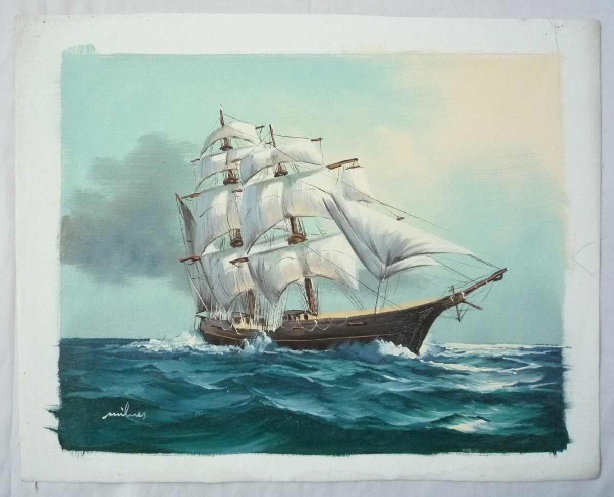 油彩画 洋画 肉筆油絵 F6号 「帆船 海景画」-11-特価-_画像2