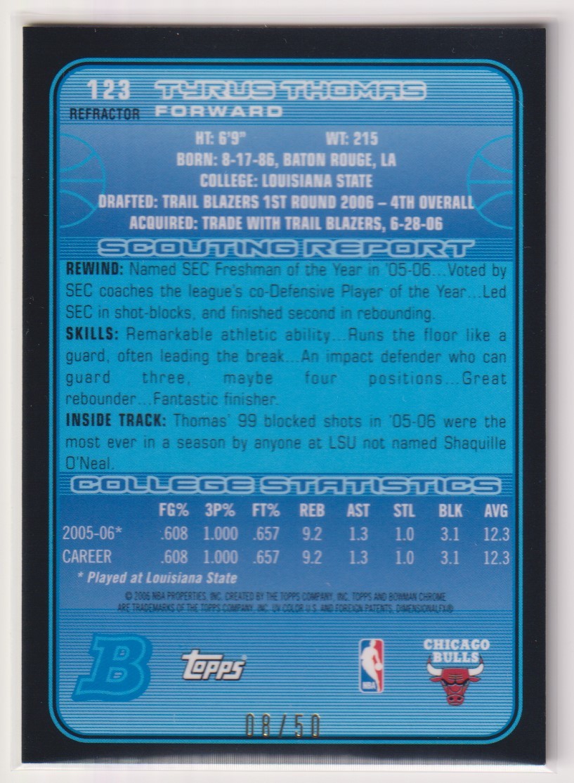 NBA TYRUS THOMAS 2006-07 Topps Bowman Chrome BASKETBALL BULLS ROOKIE CARD REFRACTOR GOLD /50 枚限定 トップス ゴールド リフラクター_画像2