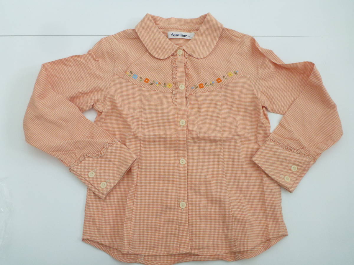  beautiful goods familiar Familia * orange × white silver chewing gum check pattern flower embroidery blouse 120