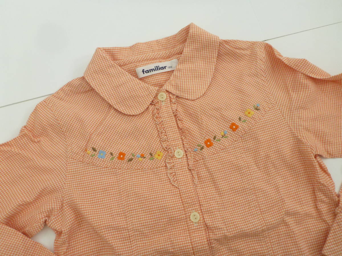  beautiful goods familiar Familia * orange × white silver chewing gum check pattern flower embroidery blouse 120