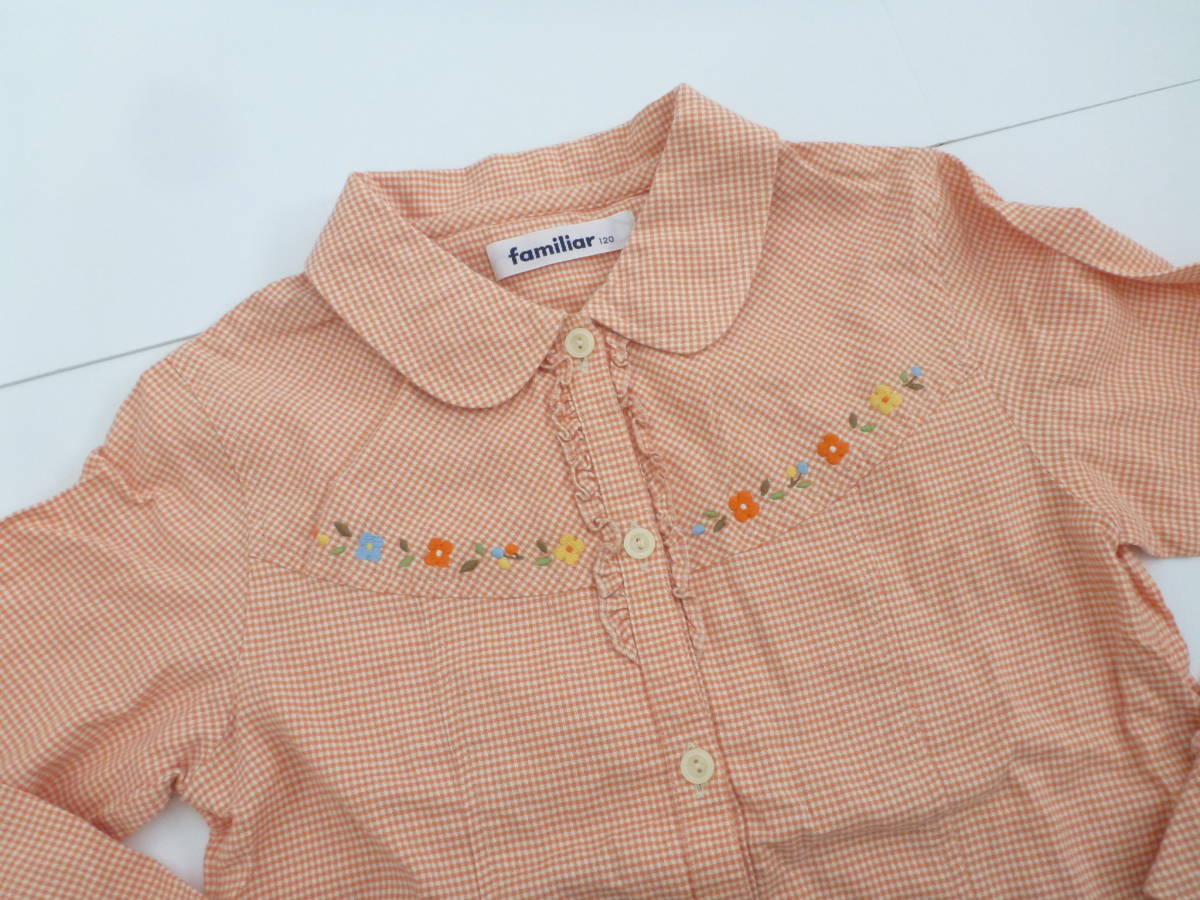  beautiful goods familiar Familia * orange × white silver chewing gum check pattern flower embroidery blouse 120